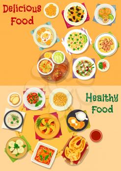 Appetizing lunch icon set with meat and vegetable stews, veggies, seafood, sausage, bean and cheese salads, beef dumpling, egg pie, chicken soup, chilly rice, potato ball, corn pancake, nut dessert