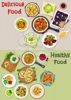 Tasty lunch icon set of vegetable salads with seafood, fruit and egg, salmon tacos, meat burgers, lamb with rice, vegetable stew, yogurt sauce, tomato omelette, baked grape with cheese, fruit dessert