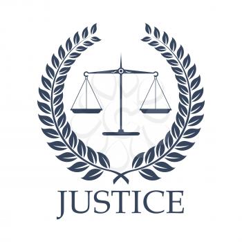 Legal or law icon with symbols of Justice Scales and heraldic laurel coronal wreath for legal center or advocacy. Juridical emblem for advocate or attorney office, counsel or lawyer and notary company