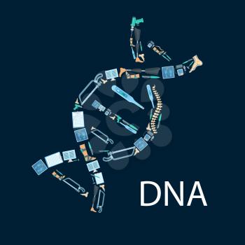 Orthopedy and orthopedics surgery poster in shape of DNA symbol. Orthopedic items and medical tools of human spine, foot and leg limb prosthesis, surgeon drill, hammer and bone saw, thermometer and sc