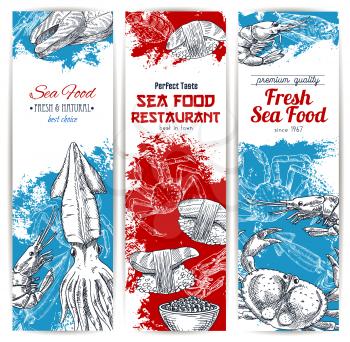 Seafood banners set of fish and fishery catch food. Fresh lobster and crab, salmon grilled steak, shrimp and squid with red caviar, sushi rolls and sashimi. Vector sketch design for seafood restaurant