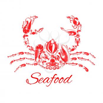 Lobster or crab poster designed of seafood and fish food shrimp, flounder, tuna and salmon or trout, squid or crayfish, herring and octopus. Vector design for restaurant or fish food industry, market 