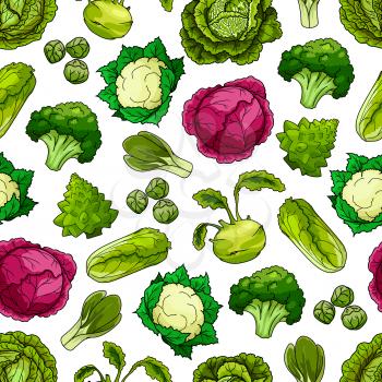 Seamless pattern of cabbage vegetables white and red cabbage, romanesco broccoli, kohlrabi and brussels sprouts, cauliflower, chinese cabbage napa or bok choy and pak choi, scotch kale. Vector vegetar