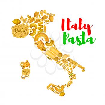 Italy map with pasta. Vector poster of Italian macaroni food spaghetti and penne, lasagna, tagliatelli and ravioli, farfalle and pappardelle, creste gallo, stelle and filini, quadretti and cobetti rig
