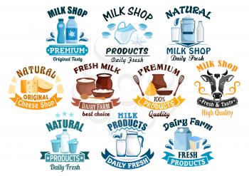 Dairy products icons for milk shop of vector milky food and drinks milk bottle and butter, sour cream and curd, cow head and yogurt or kefir in pitcher, cottage cheese and fresh cream in bowl for milk