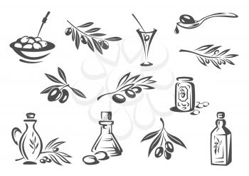 Olives vector icons. Vector isolated emblems of olive oil seasoning or dressing bottle, fresh olive-tree branch, green olives in alcohol cocktail drink, pickled olives snack in bowl for product packag