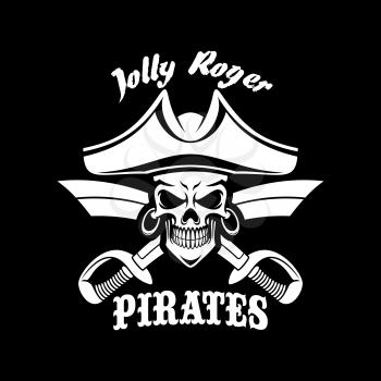Jolly Roger pirate symbol or vector black flag or poster. Piracy symbol of skeleton skull in tricorn or tricorne captain sailor hat and crossed swords or sabers. Vector design for entertainment party 