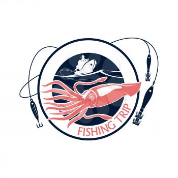 Seafood fishing trip emblem or vector icon with squid. Round emblem for fishery industry or fisherman adventure club with symbol of cuttlefish, fishing rod with hook and float, boat or ship and blue w