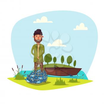 Man on fishing with full net of big fish catch. Happy fisherman with fishing rod and wooden boat at lake or river. Fishery outdoor weekend adventure weekend adventure. Vector happy fisher with beard s