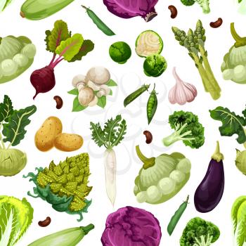 Vegetables seamless pattern of vector veggies romanesco broccoli, patisony and zucchini squash, eggplant and chinese cabbage napa, asparagus, peas or beans, brussels sprouts and kohlrabi, champignon a