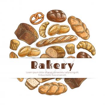Bread sketch of wheat rye brick and braided bagel, pretzel, sweet pie or cake and croissant, long loaf, chocolate muffin dessert and sliced wheat bread toasts, baked donut or cupcake. Vector poster de