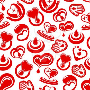 Blood donation and heart health vector seamless pattern of cardiology medications or blood drops. Donor concept design with cardio healthcare items and symbols heart pulse and human helping hand