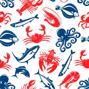 Seafood vector seamless pattern of fish and sea food lobster or crab, shrimp and flounder, tuna and salmon or trout, squid or crayfish, herring and octopus. Tile design for restaurant or fish food cui
