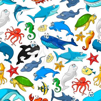 Cartoon fishes and sea or ocean animals vector seamless pattern of smiling dolphin, whale and shark, seal, starfish or shell mollusk and seahorse, stingray and turtle, squid and jellyfish, exotic clow