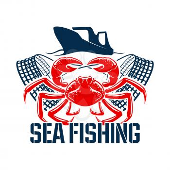 Fishing vector icon with lobster or crab seafood, fish catch net or fishnet and fisherman boat or fisher ship. Isolated emblem or sign for sea and ocean fishery industry and fish market or shop