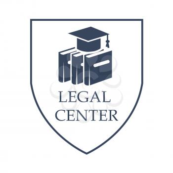 Advocacy and legal center vector icon with symbols of law code books and judge or juror hat. Juridical shield sign or emblem for court advocate or prosecutor attorney office, counsel or lawyer and not