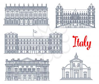 Italian architecture symbols and famous sightseeing buildings. Vector isolate icons and facades of Palazzo Madama palace, Castle of Valentino, Royal Palazzo Reale, La Skala opera theater and Turin cat
