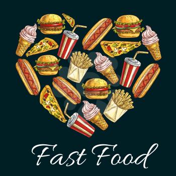 I love fast food heart shape emblem. Vector label of fast food snacks, desserts, drinks. Color sketch icons of cheeseburger, pizza slice, hot dog, french fries, soda drink, ice cream
