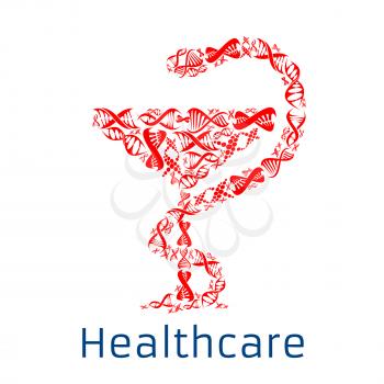 Healthcare vector Bowl of Hygieia symbol or poster of human DNA helix. Gene health concept design for genetics medicine clinic or hospital and microbiology research laboratory. Medical symbol of snake