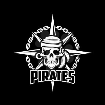 Black pirates flag of vector sailor or captain skeleton skull with earring and kerchief or bandana, ship chain and compass. Piracy poster design for entertainment party decor, alcohol drink bar or pub