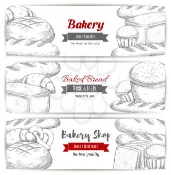 Bakery, bread and pastry shop banner set. Fresh loaves of bread, baguette, cupcake, croissant, sweet bun, toast and pretzel sketches with ribbon banner. Food packaging, bakery label design