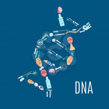DNA strand symbol with medical and health examination icons. Pill, drops bottle, tool and equipment for brain, eye, ear, mouth, nose check up, dentist instrument. Science, medical research design