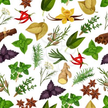 Spice and herb seamless pattern background. Natural fresh rosemary, anise and chilli pepper, mint, dill and basil, cumin, ginger and bay, vanille, sage, thyme, cinnamon and oregano. Healthy food theme