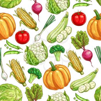 Vegetable and bean seamless pattern background. Ripe tomato, green onion, broccoli, beet, cabbage, corn, pea, zucchini, pumpkin and cauliflower sketches for healthy food background design