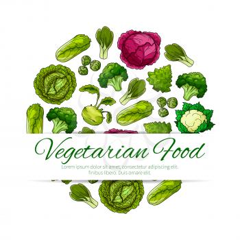Vegetarian food poster with green vegetables. Cabbage, broccoli, kohlrabi, cauliflower, brussel sprout, bok choy and romanesco cauliflower arranged into a round badge for label, recipe, menu design