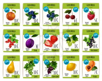 Fruit and berry price tag set. Apple, cherry, strawberry, grape and plum, peach and lemon, raspberry and currant, blackberry, gooseberry and blueberry labels for organic shop, fruit market design