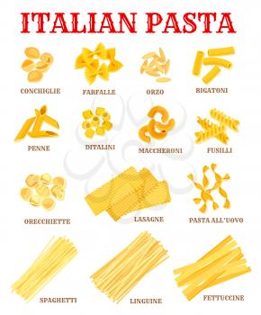 Italian pasta list of different shapes with names. Italian cuisine macaroni poster with spaghetti, rigatoni, penne, fusilli, farfalle, lasagna, noodle, orzo, fettuccine, ditalini for food, menu design