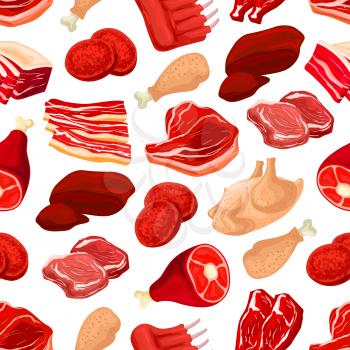 Meat cuts seamless pattern background. Fresh pork chop, beef ribs, tenderloin, bacon, ham, burger patty, chicken, turkey leg and ham roast. Food background for butchery shop design