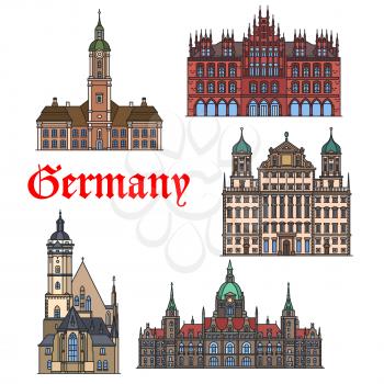 German travel landmark thin line icon set. Church Thomaskirche, Augsburg Town Hall, Abbey Church Birnau, New City Hall and Old Town Hall in Hanover. Travel, history, architecture theme design