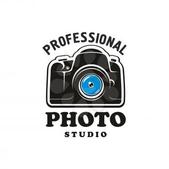 Photography and photo studio symbol. Camera black sign with headers for professional photo studio emblem, label, badge design