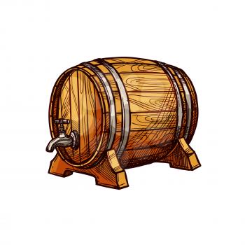 Wooden barrel of beer or wine sketch. Old oak keg with a tap on wood stand. Bar, pub, winery or brewery symbol, alcoholic drinks design