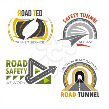 Road and highway symbol set. Road tunnel and freeway interchange sign for road and traffic safety badge, transit service emblem, transportation themes design