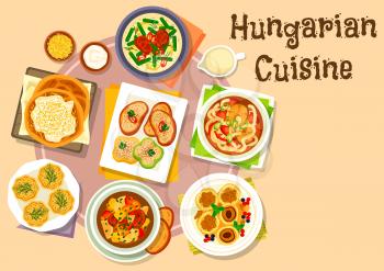 Hungarian national cuisine icon of pepper with garlic cheese spread, vegetable beef soup, pork bean stew, flatbread with sour cream, fish noodle soup, cheese dumpling with plum fruit, egg pate tartlet