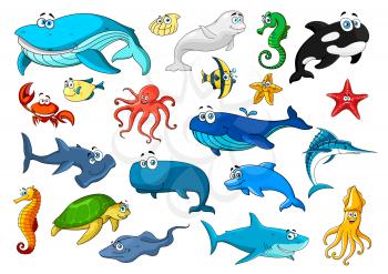 Marine animal cartoon icon set. Fish, sea turtle, whale, crab, starfish, octopus and jellyfish, seahorse and dolphin, shark, shell, squid and shrimp, stingray and marlin, killer whale and hammerhead s