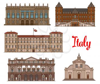 Italian tourist sights linear icon set with Royal Palace of Milan, Castle of Valentino, Roman Catholic Turin Cathedral, Palazzo Madama and Opera House La Scala. Travel, world heritage of Italy design