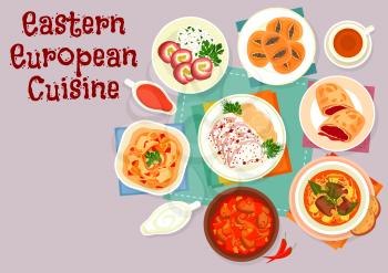 Eastern european cuisine icon with beef pepper stew, beef with cream sauce and potato dumplings, paprika chicken, pork cabbage soup, meat roll with ham and pickles, cherry strudel, poppy bun