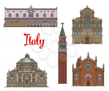 Italian travel landmarks of Venice icon set. Linear gothic Doge Palace, Church of San Zaccaria, Basilica of Saint Mary of Health, Church Madonna dellOrto and bell tower St Mark Campanile
