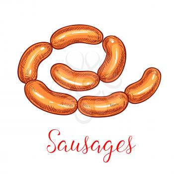 Sausages bunch vector icon of meaty sausage delicatessen, smoked bratwurst or wurst, salami or chorizo, saucisson or cabanossi bockwurst. Isolated sausage for butchery shop and store