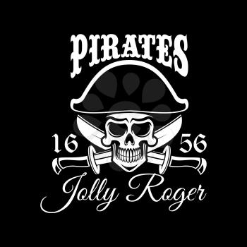 Pirate black vector flag with Jolly Roger skull in captain tricorne hat and swords or sabers. Sail or ship piracy poster design design for entertainment party decor, alcohol drink bar or pub emblem or