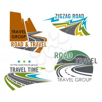 Road or route vector icons. Isolated emblems of highway, motorway lane or expressway drive for travel trip adventure, building industry and asphalt driveway construction company or transportation and 