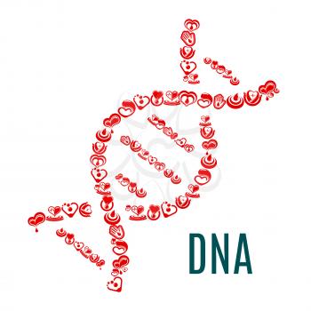 Poster with DNA symbol of vector hearts and blood donation or cardiology medications. Donor health concept design with cardio healthcare items of heart pulse and human helping hand