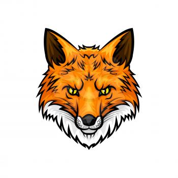 Fox vector mascot icon. Head and muzzle or snout of red or yellow fox animal with green eyes and fur. Isolated emblem design for sport team, hunting adventure trip club or tattoo sign