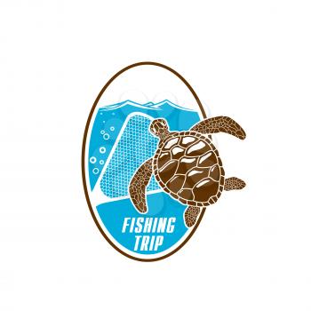 Turtle fishing vector icon with fishnet snare or grid and sea or ocean water waves. Emblem for fishery industry or company, fisherman or fisher trip sport or adventure club
