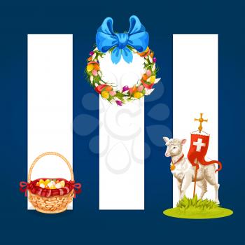 Easter spring holiday cartoon banner set. Easter egg hunt basket, floral Easter wreath with spring flowers, decorated eggs and ribbon bow, lamb of God with cross. Easter label design with copy space