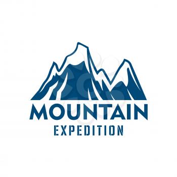 Alpine mountain or rock vector icon. Blue Alp snow peaks emblem or isolated badge for alpine climbing extreme expedition or mountaineering sport adventure, winter nature explorer trip or tourist campi