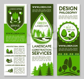 Landscape and planting project design service vector banners set for home or garden green plants and trees architecture or environment build or horticulture and gardening company